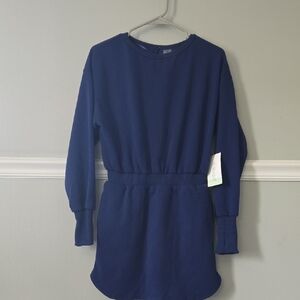 Navy Long Sleeve Cinched Waist Sweatshirt Dress